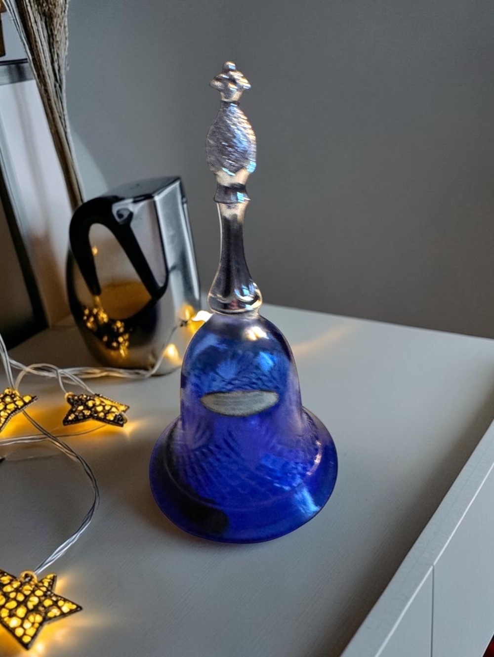Vintage Blue Avon Glass Bell with Silver Tone Handle - Moonwind Cologne